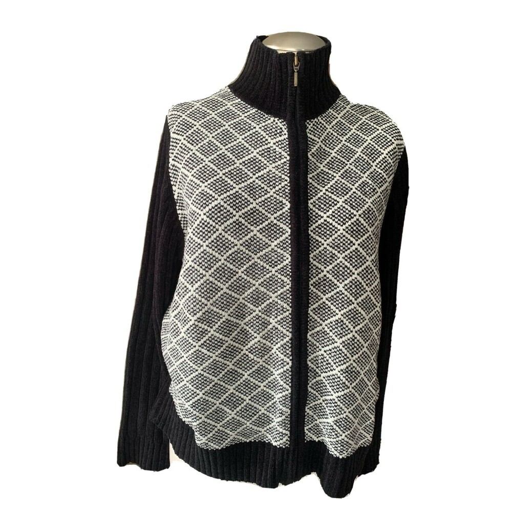Karen‎ Scott Women’s Black White Full Zip Cardigan Sweater Medium
